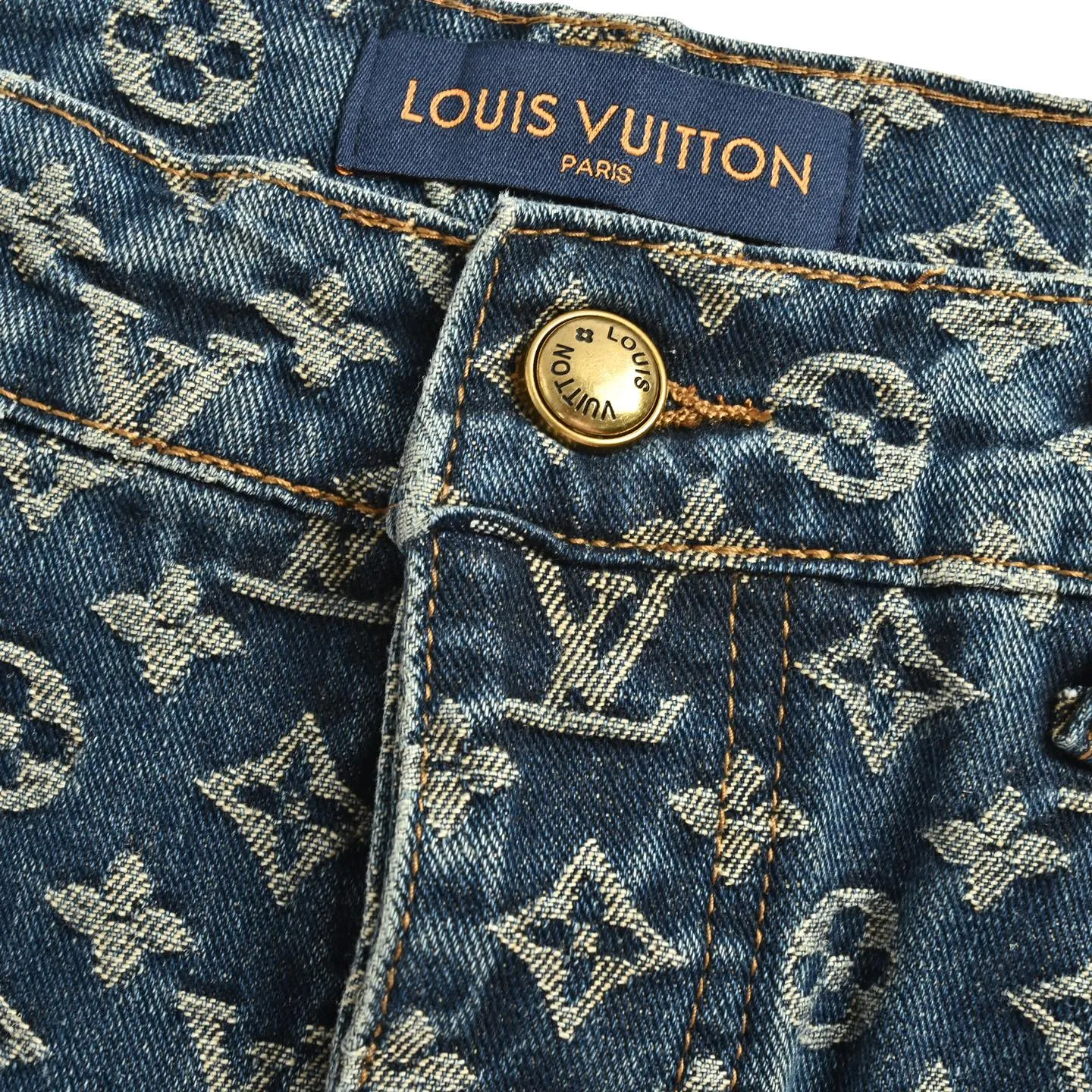 Louis Vuitton/Louis Vuitton all-over printed side leather strip washed blue jeans